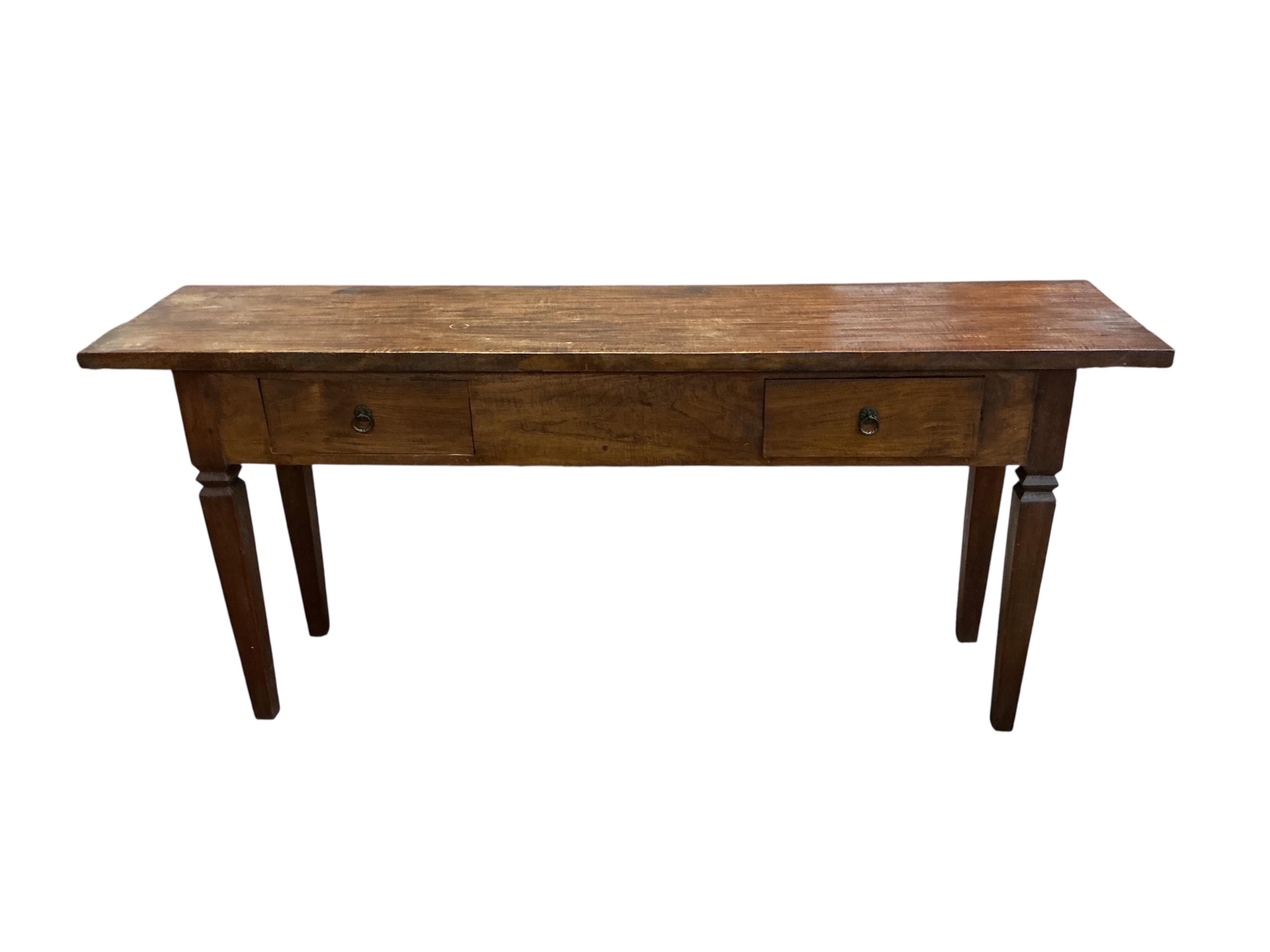 A Continental hardwood two drawer console table, width 170cm, depth 40cm, height 76cm